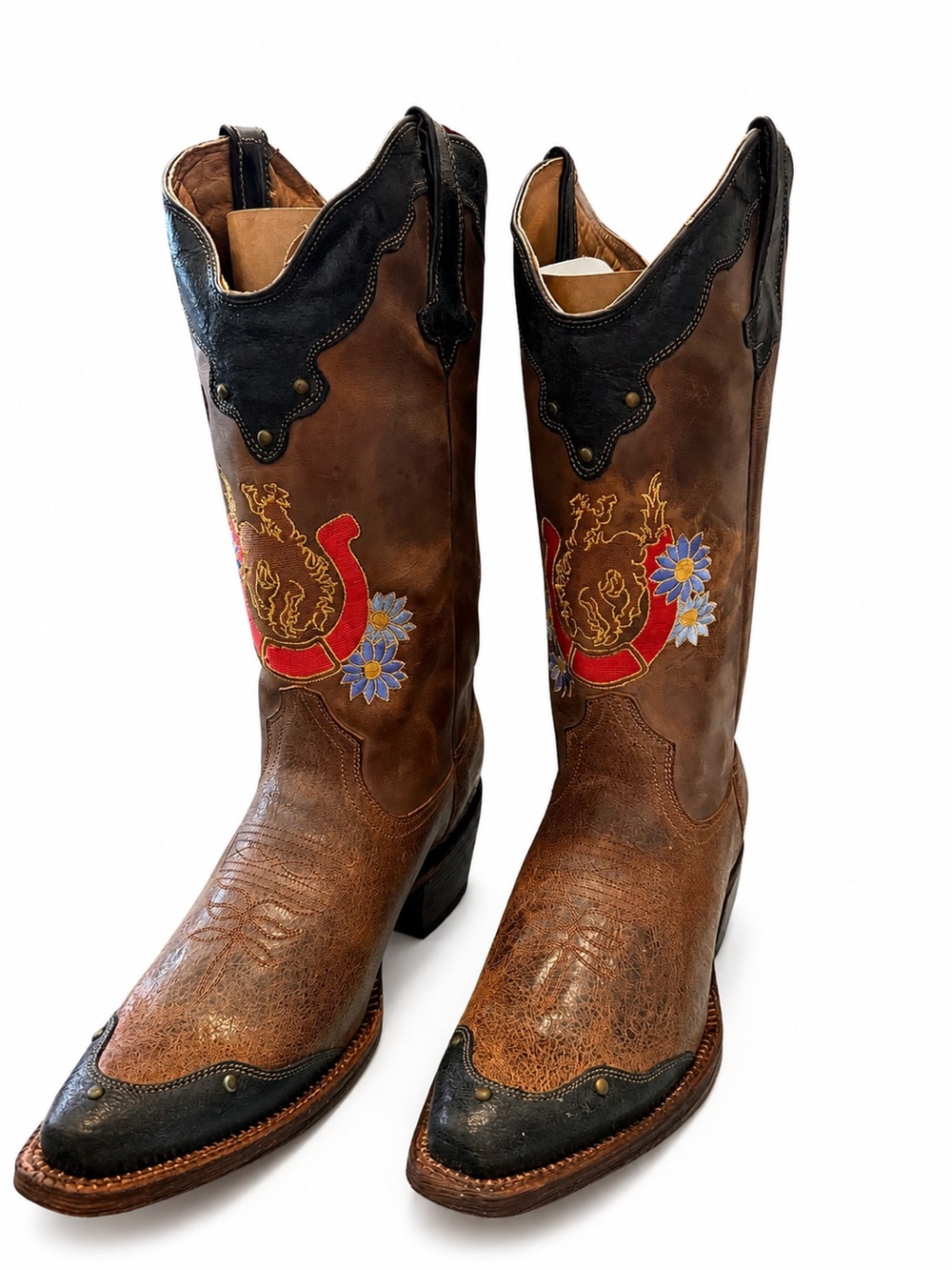 Tanner Mark Brown Leather Cowgirl Boots. Red Horseshoe & Blue Floral Embroidery